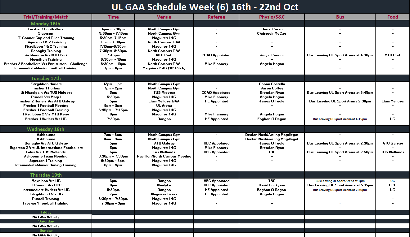 GAA Schedule Week 6
