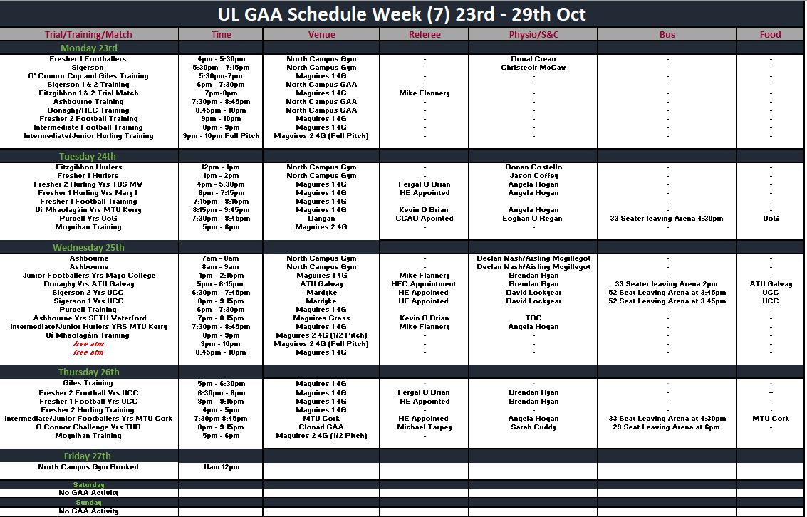 GAA Schedule Week 7