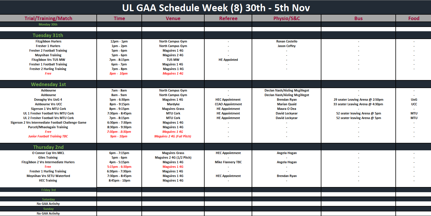 GAA Schedule Week 8 