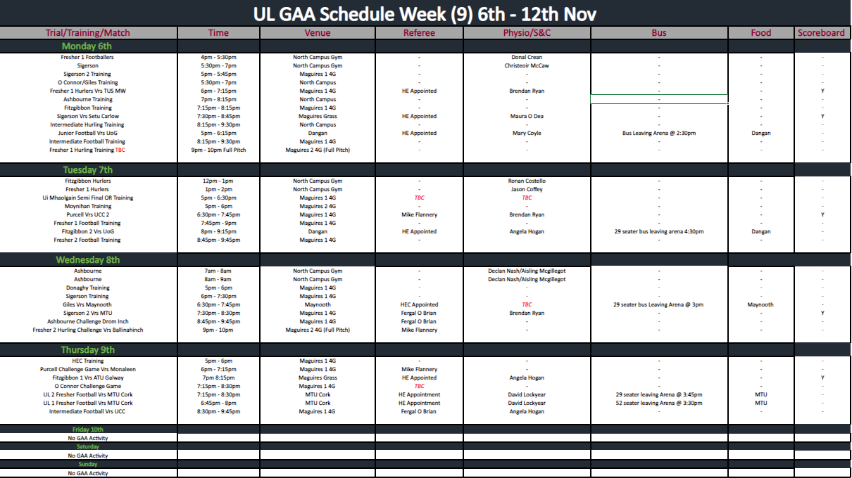 GAA Schedule Week 9