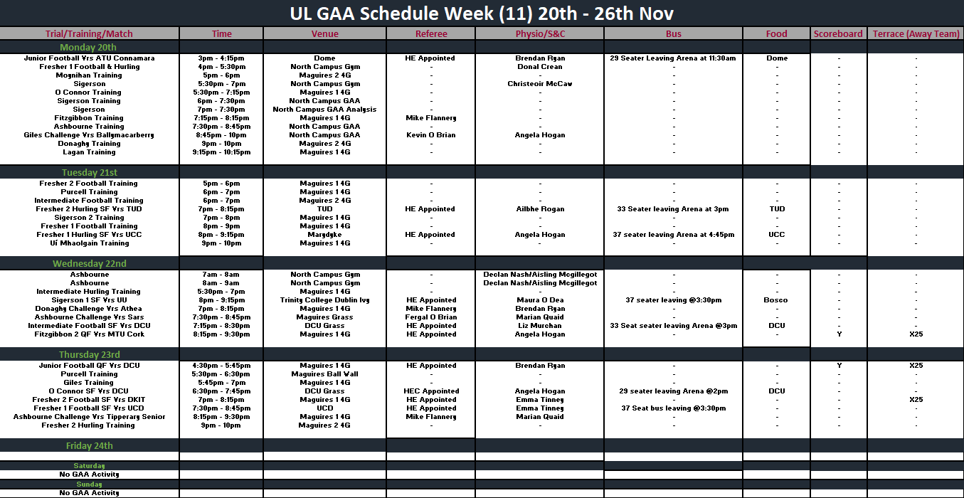 GAA Week 11 Schedule 