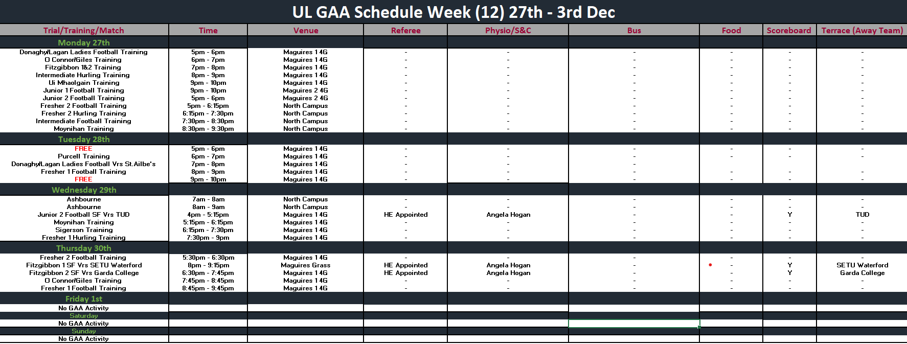 GAA Schedule Week 12