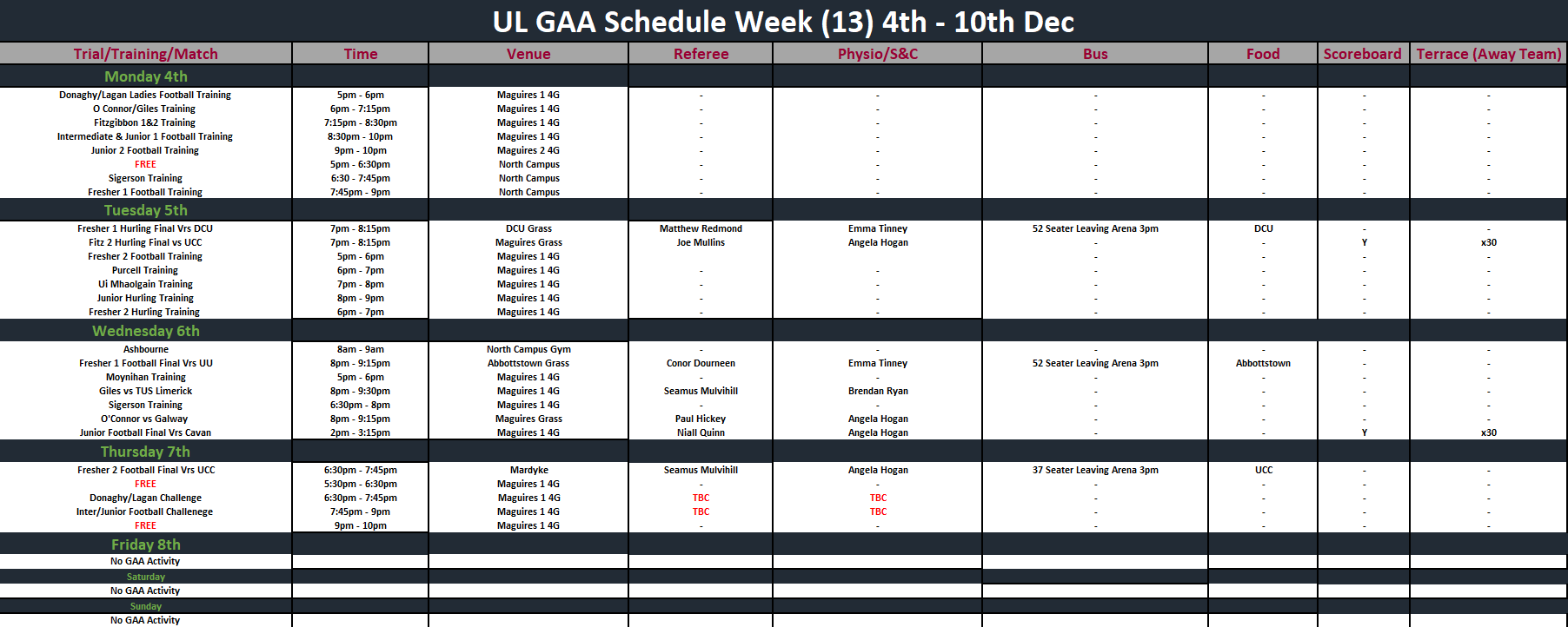 GAA Schedule Week 13
