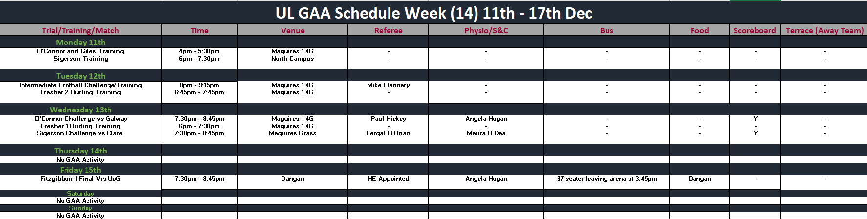 GAA Schedule Week 14