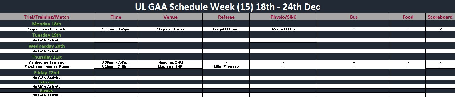 GAA Schedule Week 15