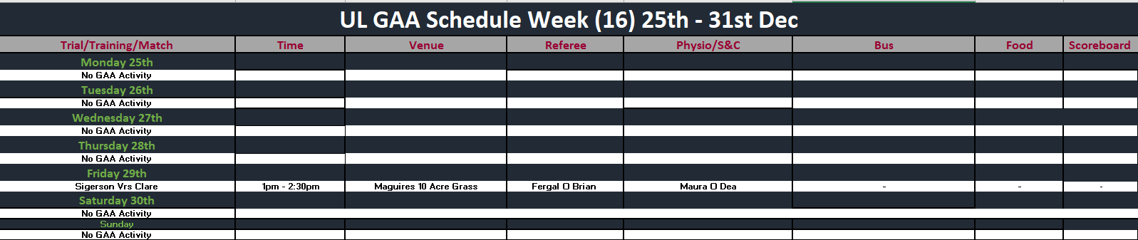 GAA Schedule Week 16