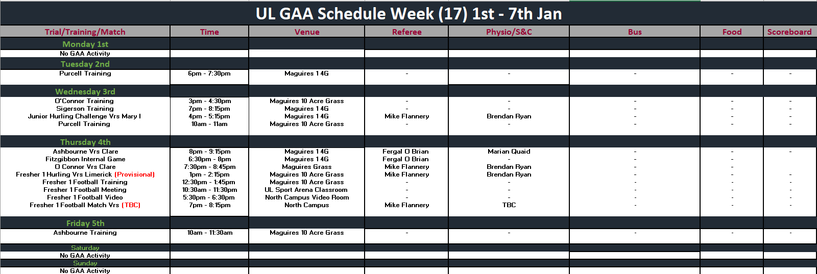 GAA Schedule Week 17