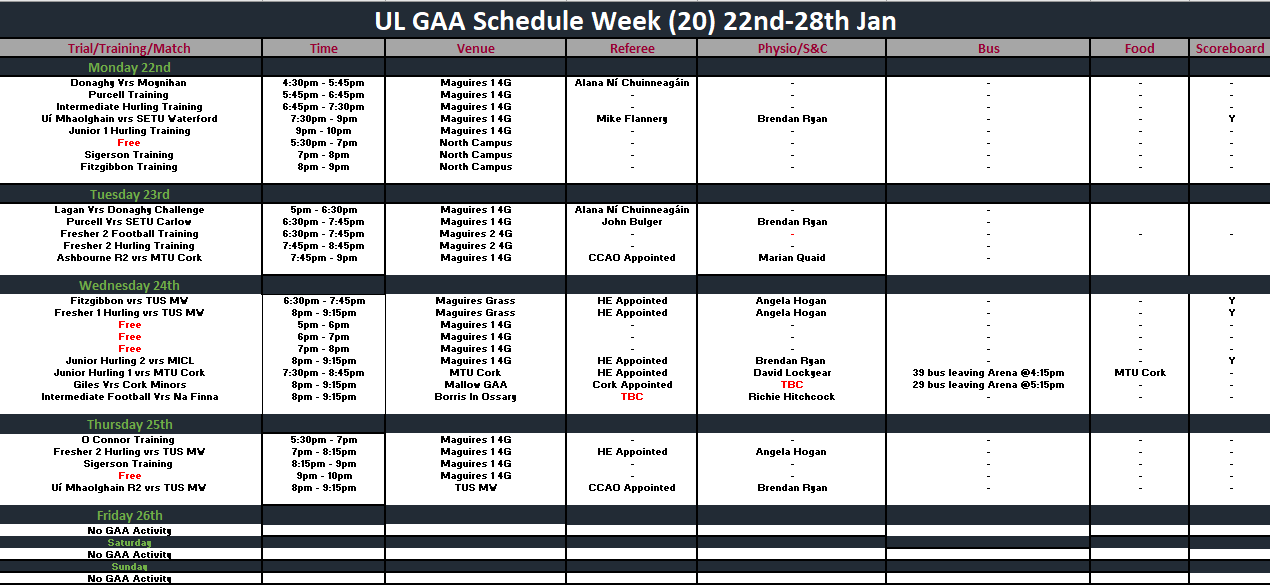 GAA Schedule Week 20