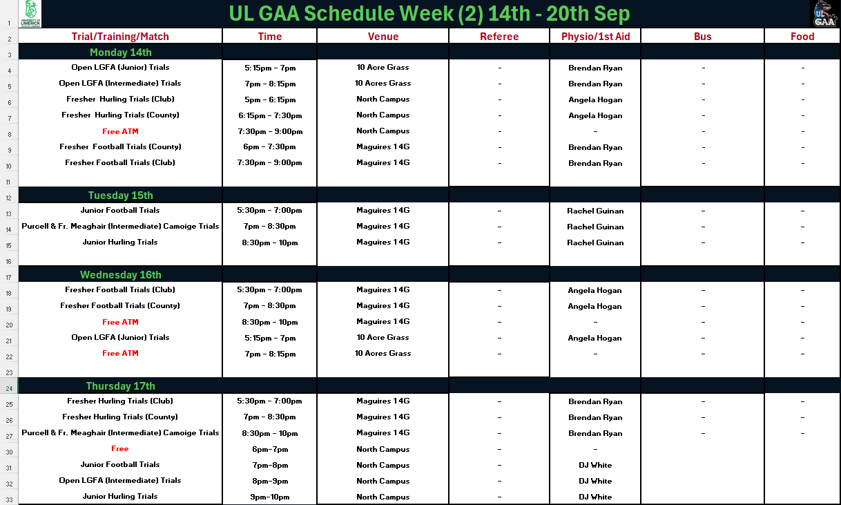 Semester 1 - Week 2 (Team Schedule)