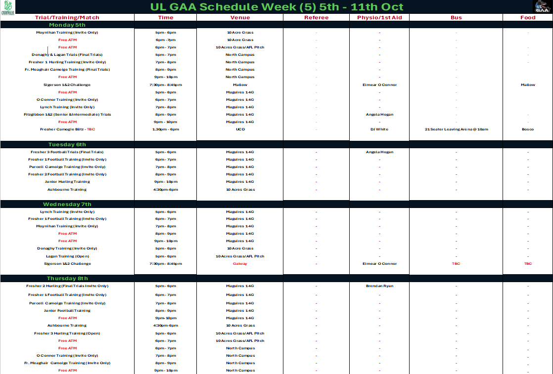 Semester 1 - Week 5 (Team Schedule)