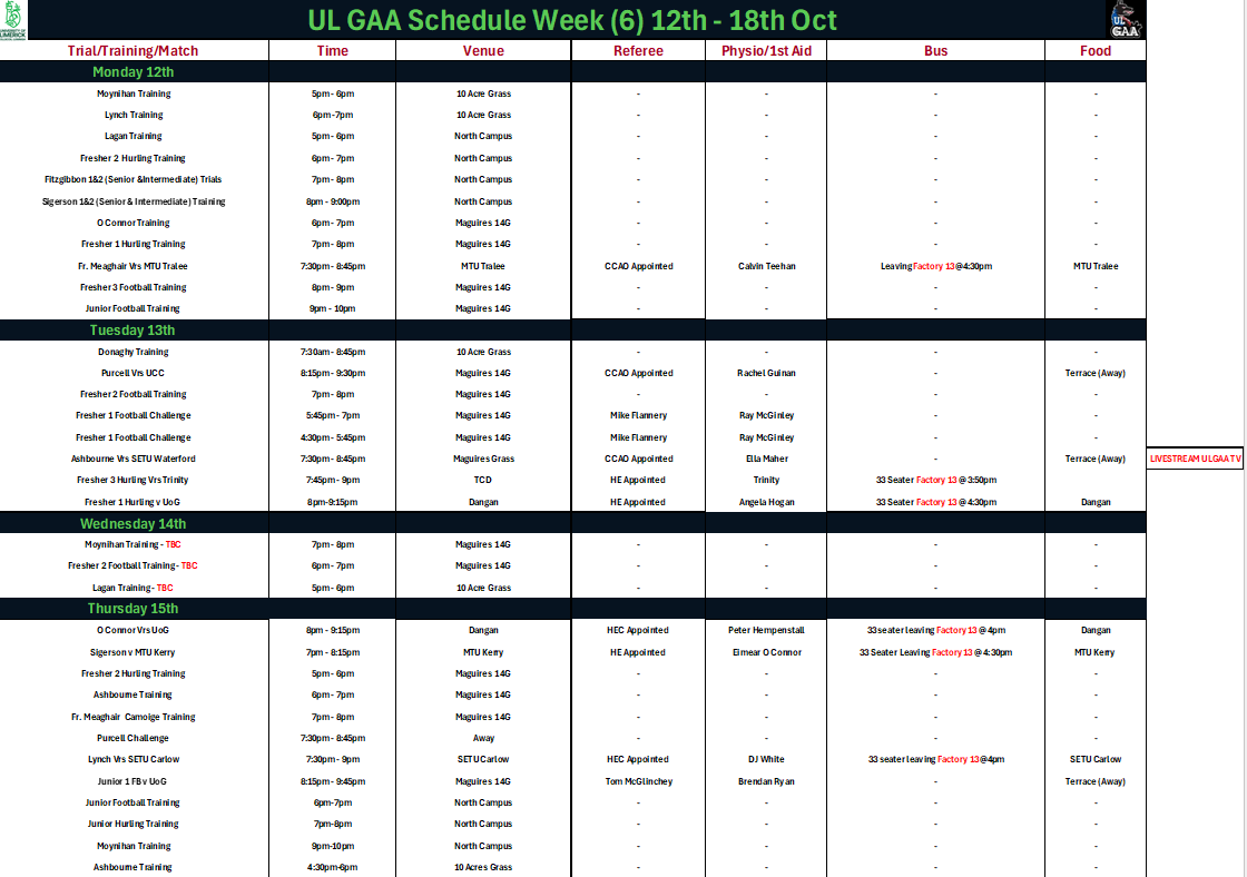 	Semester 1 - Week 6 (Team Schedule)